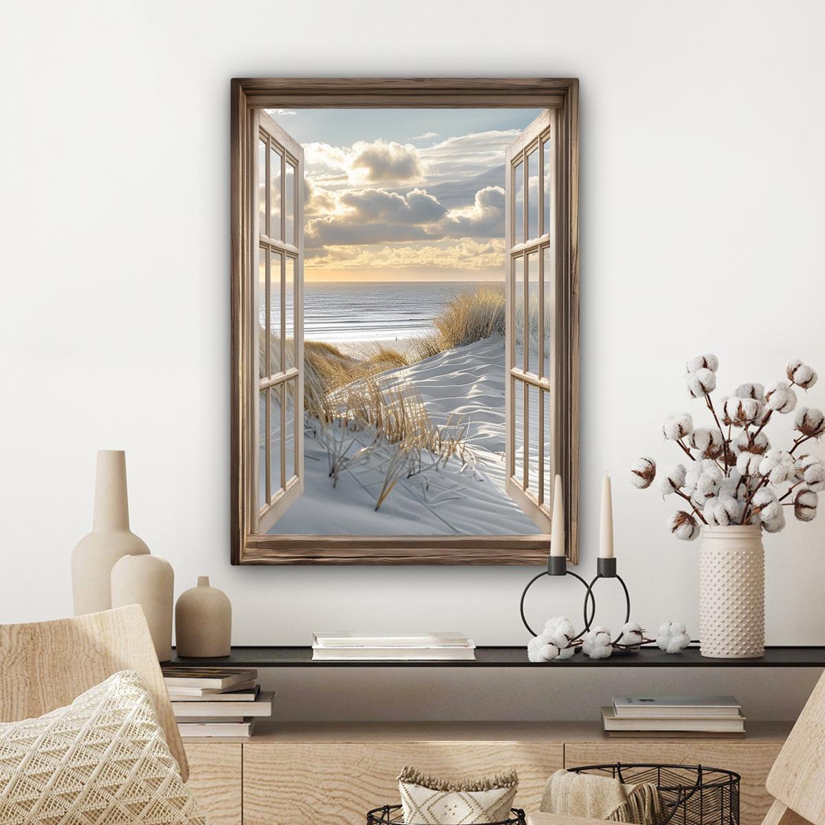LEINWANDBILD Ausblick - Strand - Dünen - Meer - Natur Wandbild Wohnzimmer 60x80 cm - Sandfarben, Textil (60/80cm) - MuchoWow
