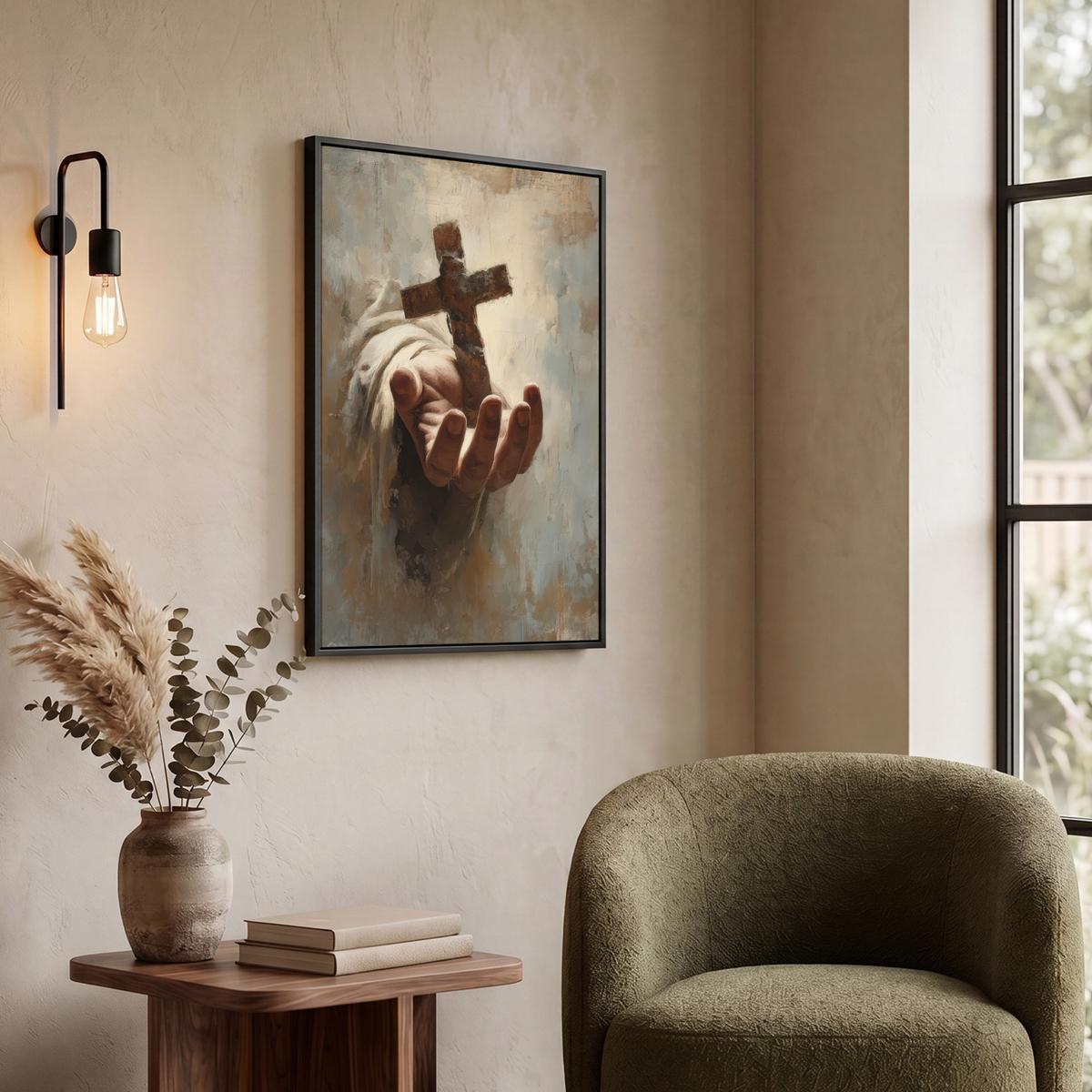 LEINWAND Bilder mit Rahmen - Abstrakt - Kreuz - Hand - Christentum - 60x80 - Hellbraun, Textil (60/80cm) - MuchoWow
