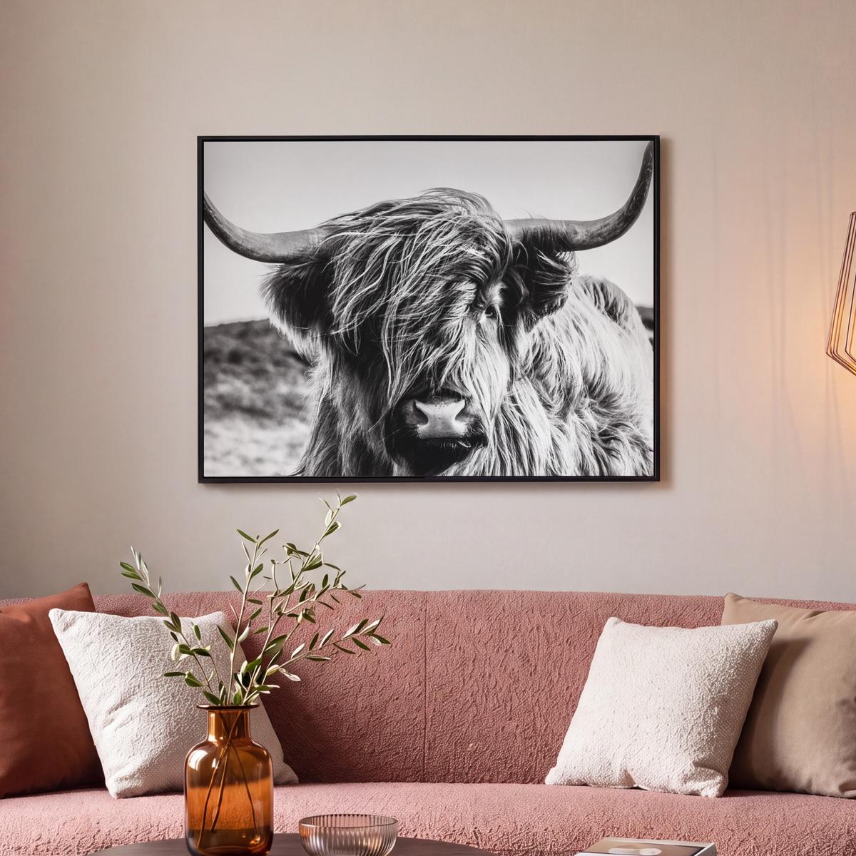 LEINWAND Bilder mit Rahmen - Kuh - Schottischer Hochländer - Schwarz - Weiß - Tier - Natur - Wildtiere - 80x60 - Schwarz, Textil (80/60cm) - MuchoWow