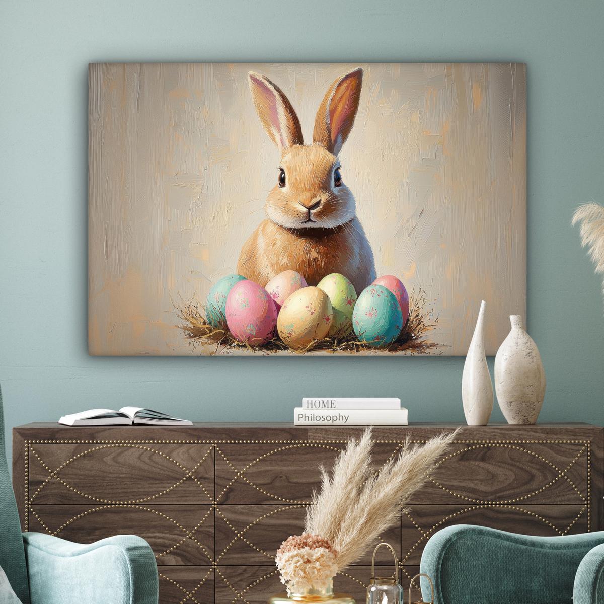 LEINWANDBILD Osterhase - Pastell - Eier Wohnzimmer Groß 120x80 cm - Beige, Textil (120/80cm) - MuchoWow