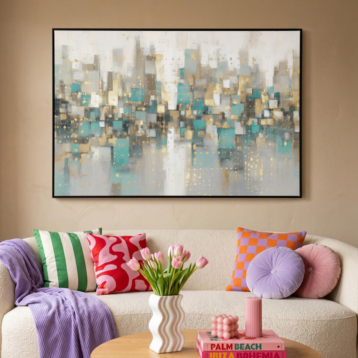 LEINWAND Bilder mit Rahmen - Abstrakt - Blöcke - Gold - Skyline - 140x90 - Beige, Textil (140/90cm) - MuchoWow