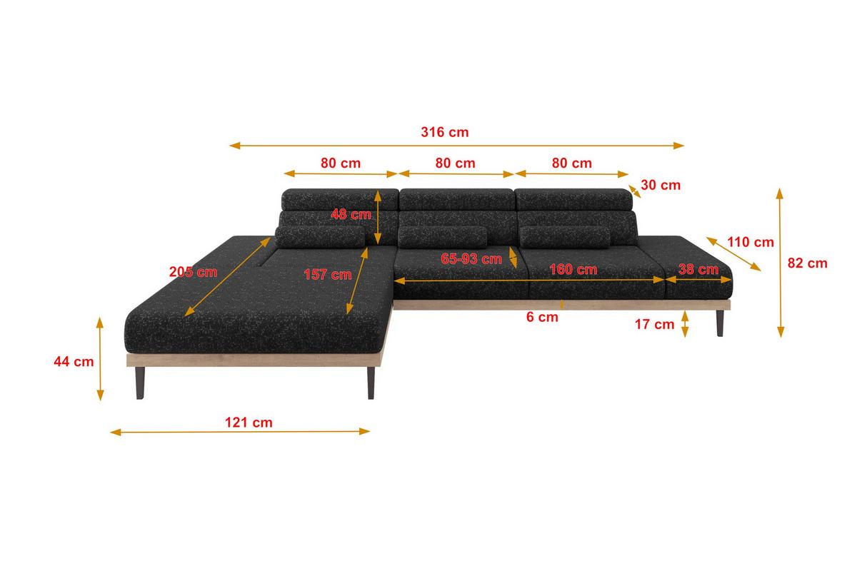ELEKTRISCHES ECKSOFA Links MONA 316x205x85 Schwarz Velours - Schwarz, Holzwerkstoff/Textil (316/205cm) - ALTDECOR