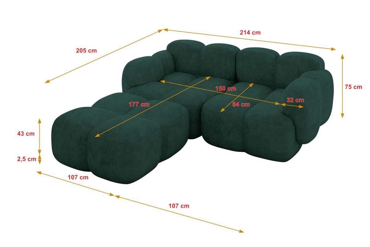 ECKSOFA modulares Sofa Links Miko-L1 214x205x75 Grün Velours - Schwarz/Grün, Holzwerkstoff/Kunststoff (214/205cm) - ALTDECOR