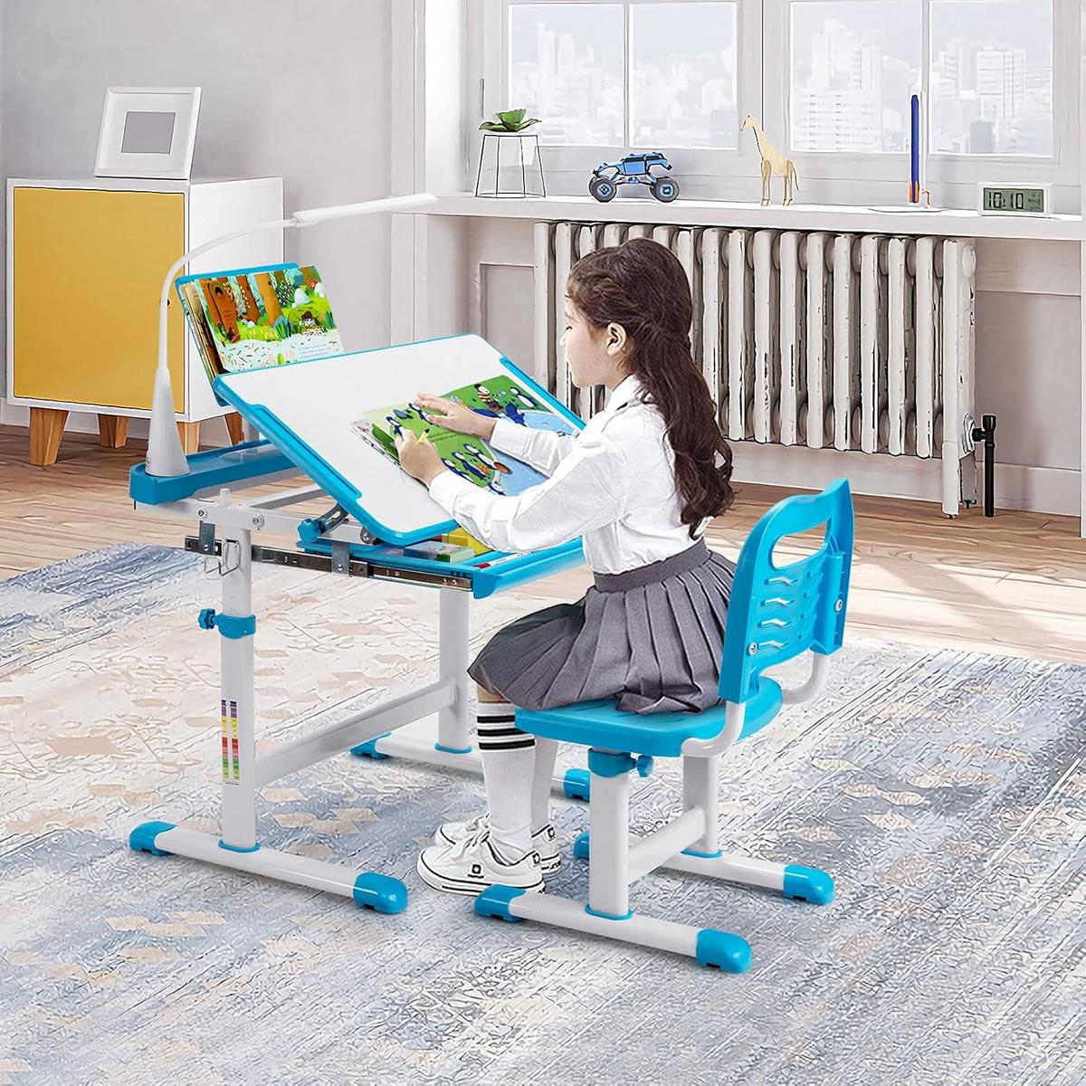KINDERSCHREIBTISCH Set mit LED-Licht Blau - Blau, Kunststoff (71/79/52cm) - COSTWAY