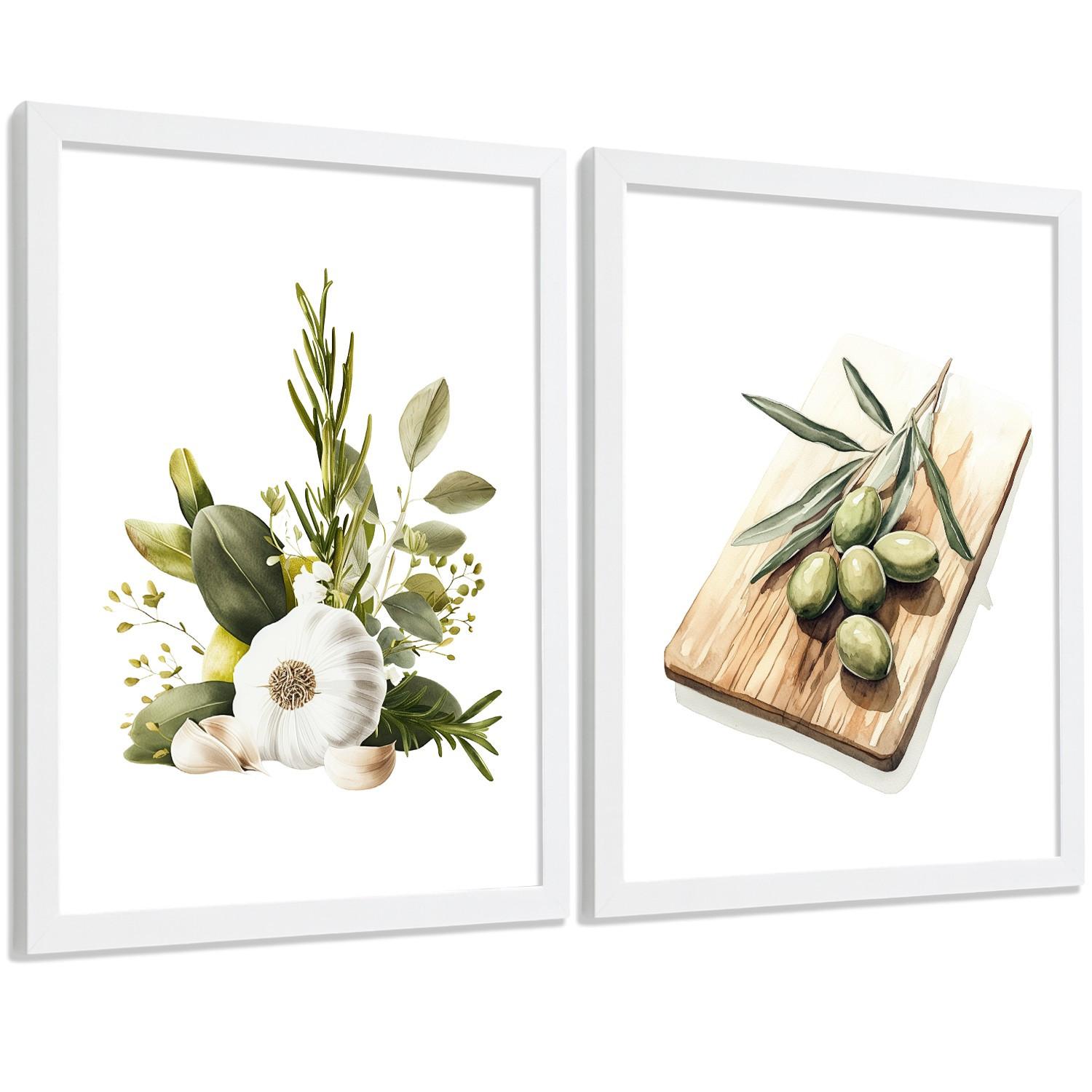 POSTER 2er Set Küchen-Wandbilder Knoblauch Kräuter und Oliven Mediterranes Aquarell Esszimmer Wanddeko Rahmenlos A3 - Weiß, Papier (29.7/1/42cm) - Nacnic
