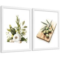 POSTER 2er Set Küchen-Wandbilder Knoblauch Kräuter und Oliven Mediterranes Aquarell Esszimmer Wanddeko Rahmenlos A3 - Weiß, Papier (29.7/1/42cm) - Nacnic