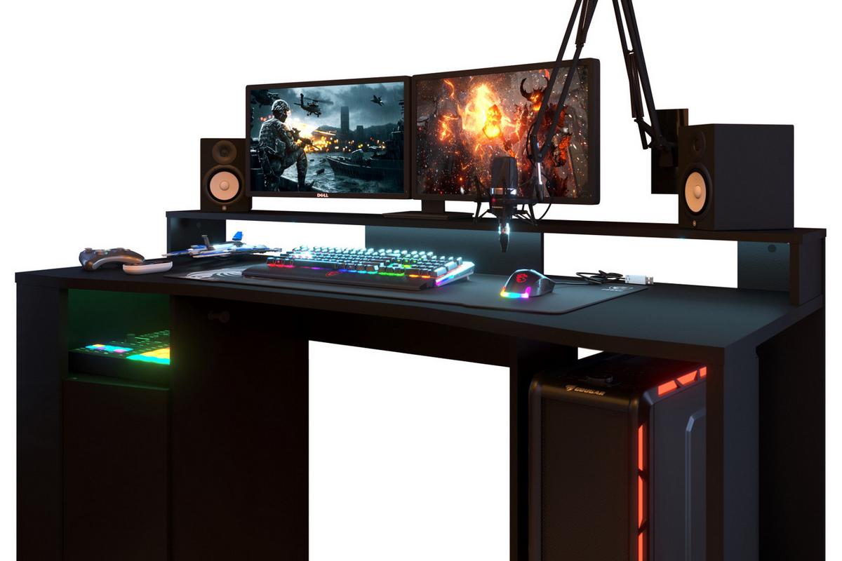 GAMINGTISCH schwarz, Schreibtisch mit Monitorpodest und LED Beleuchtung - Schwarz, Holzwerkstoff (62/152/87cm) - Parisot Meuble