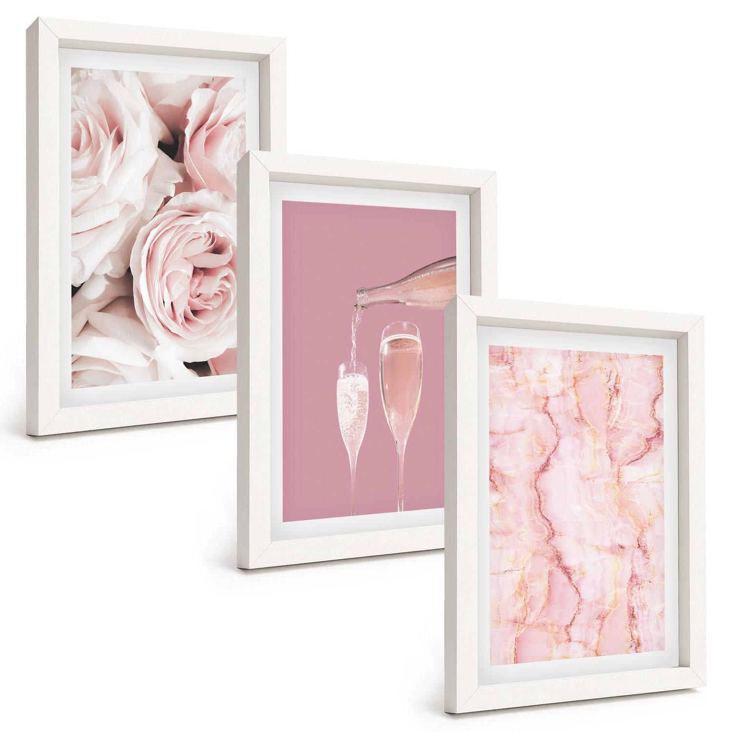 BILDER SET 3er Set - 20x30 cm Weißer Rahmen - Champagnerfarbene Rosen, Marmorhintergrund - Weiß, Kunststoff (20/30cm) - TULUP
