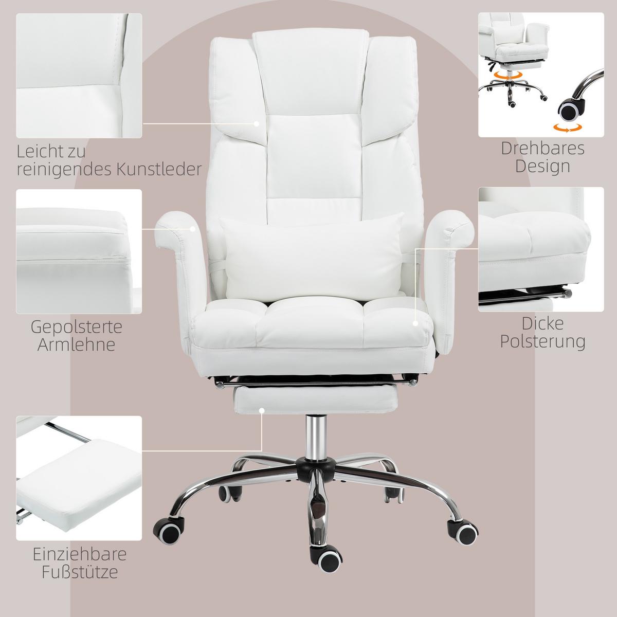 BÜROSTUHL, Ergonomisch Schreibtischstuhl mit Liegefunktion, Lendenkissen, Weiß - Chromfarben/Weiß, Kunststoff/Metall (65/115/69cm) - HOMCOM