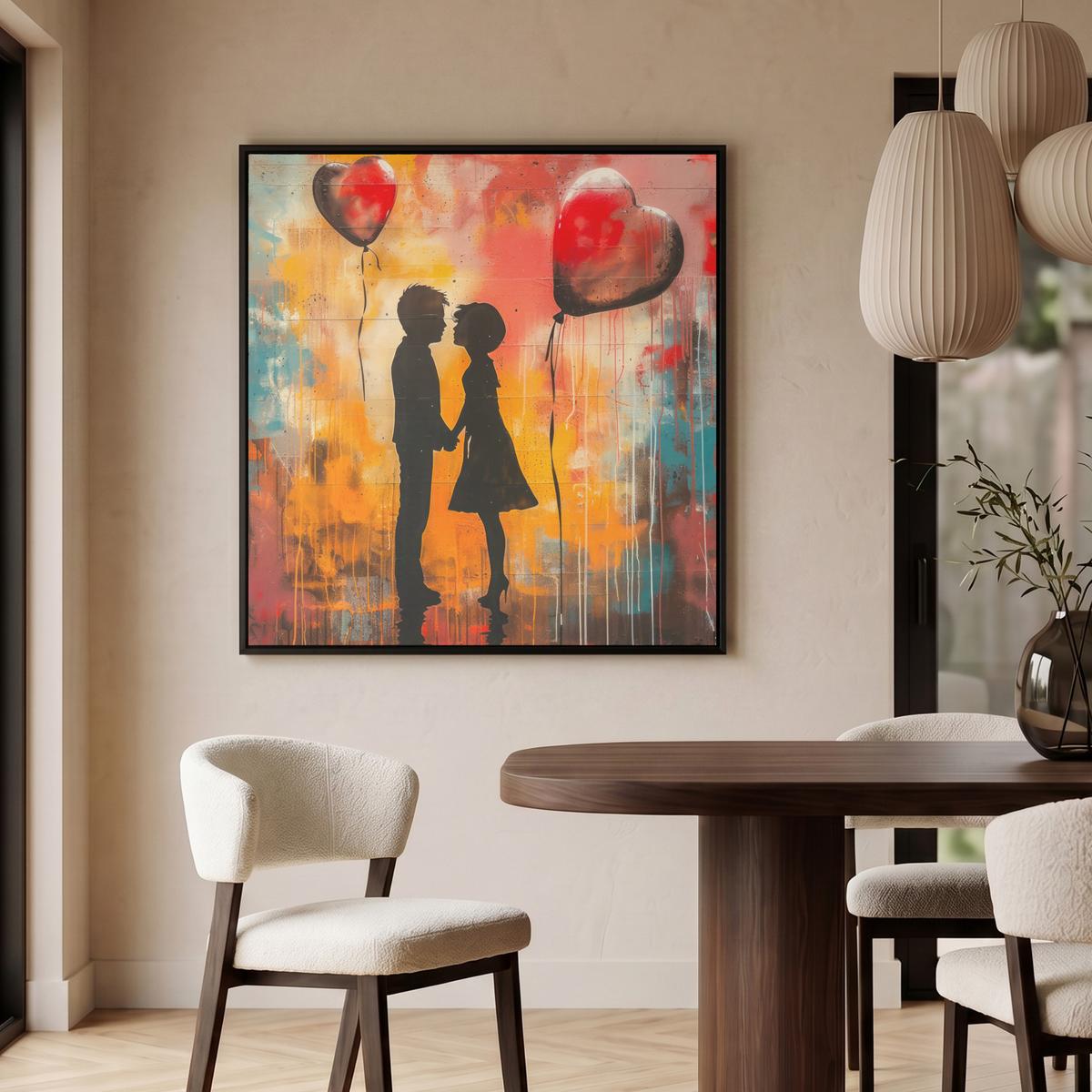 LEINWAND Bilder mit Rahmen - Straßenkunst - Liebe - Graffiti - Kunst - Banksy - 90x90 - Orange, Textil (90/90cm) - MuchoWow