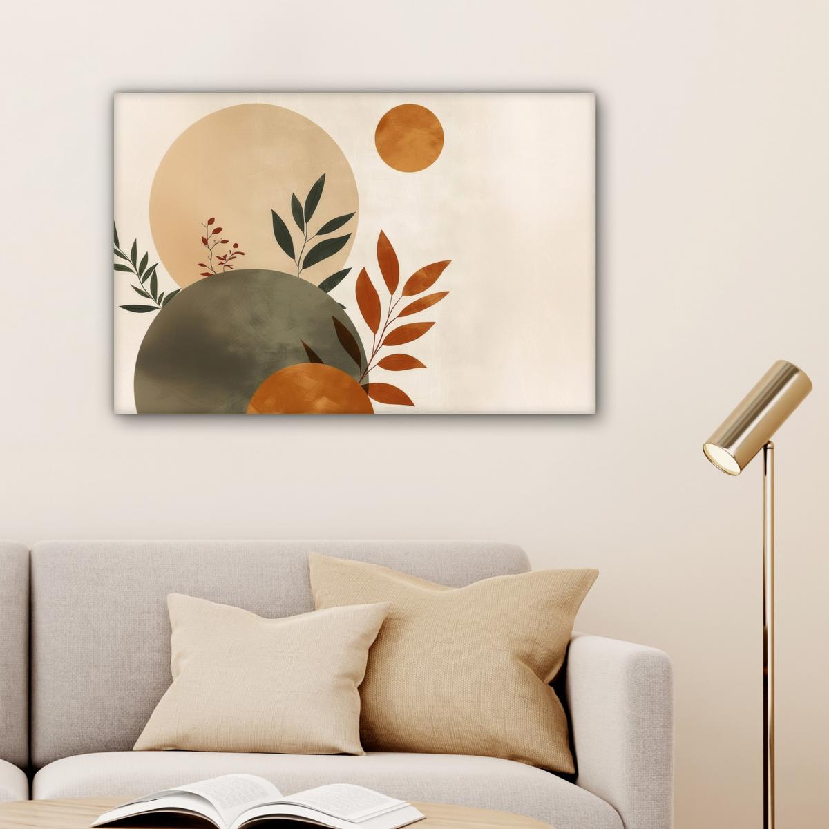LEINWANDBILD Formen - Rund - Blätter - Beige Gemälde 60x40 cm - Rostfarben, Textil (60/40cm) - MuchoWow