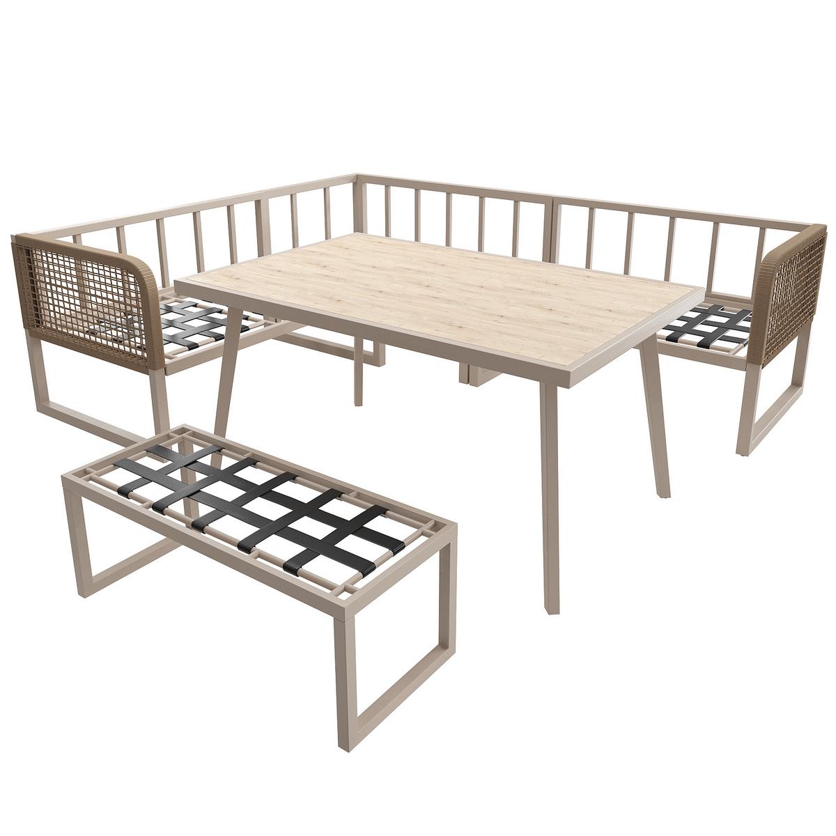 LOUNGEGARNITUR PE-Rattan Beige Ecksofa mit Tisch & Bank - Beige, Metall - Urban Meuble