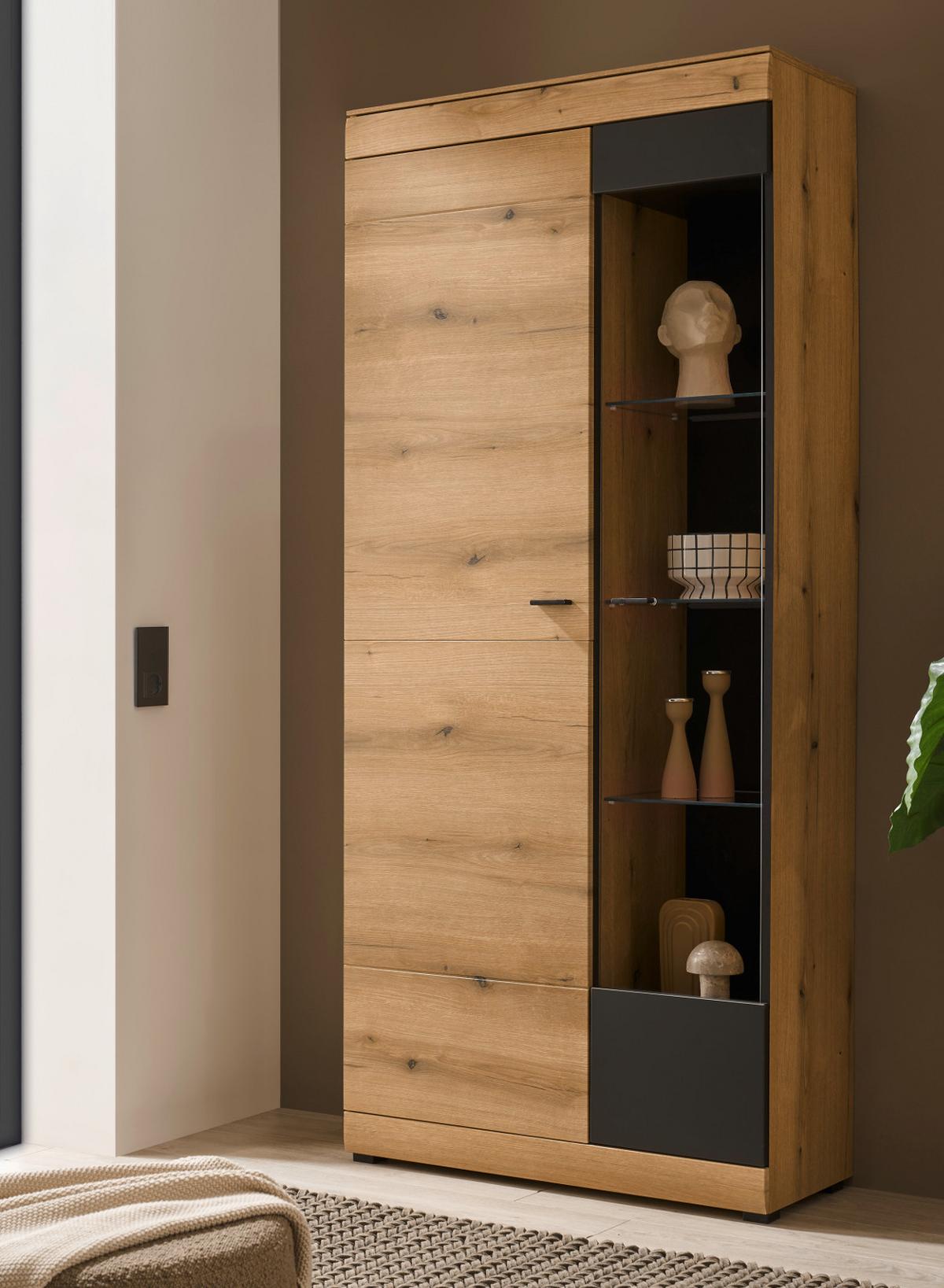 VITRINE in Eiche, grau 90 x 201 cm, Vitrinenschrank mit Soft-Close - Eichefarben/Schwarz, Glas/Holzwerkstoff (90/201/35cm) - Furn.Design