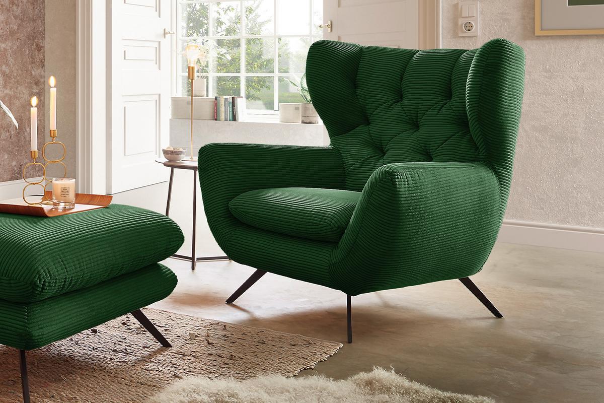 SESSEL CHARME Smaragdgrün Cord - Smaragdgrün/Schwarz, Textil/Metall (100/106/95cm) - KAWOLA