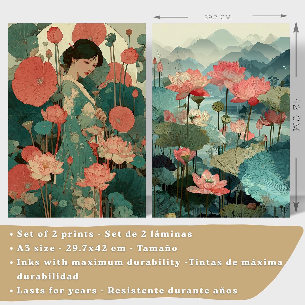 POSTER 2er-Set dekorative Badezimmerdrucke, japanisch-orientalische Kunstposter WC mit Lotusblumen, asiatische Landschaft, Stil Leichter Holzrahmen A3 - Beige, Papier (42/29.7/3cm) - Nacnic