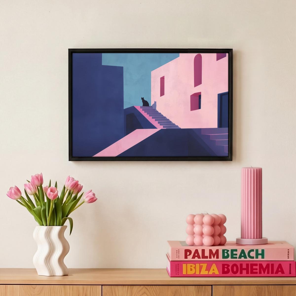 LEINWAND Bilder mit Rahmen - Katze - Treppe - Gebäude - Schattenkontraste - 30x20 - Dunkelblau, Textil (30/20cm) - MuchoWow
