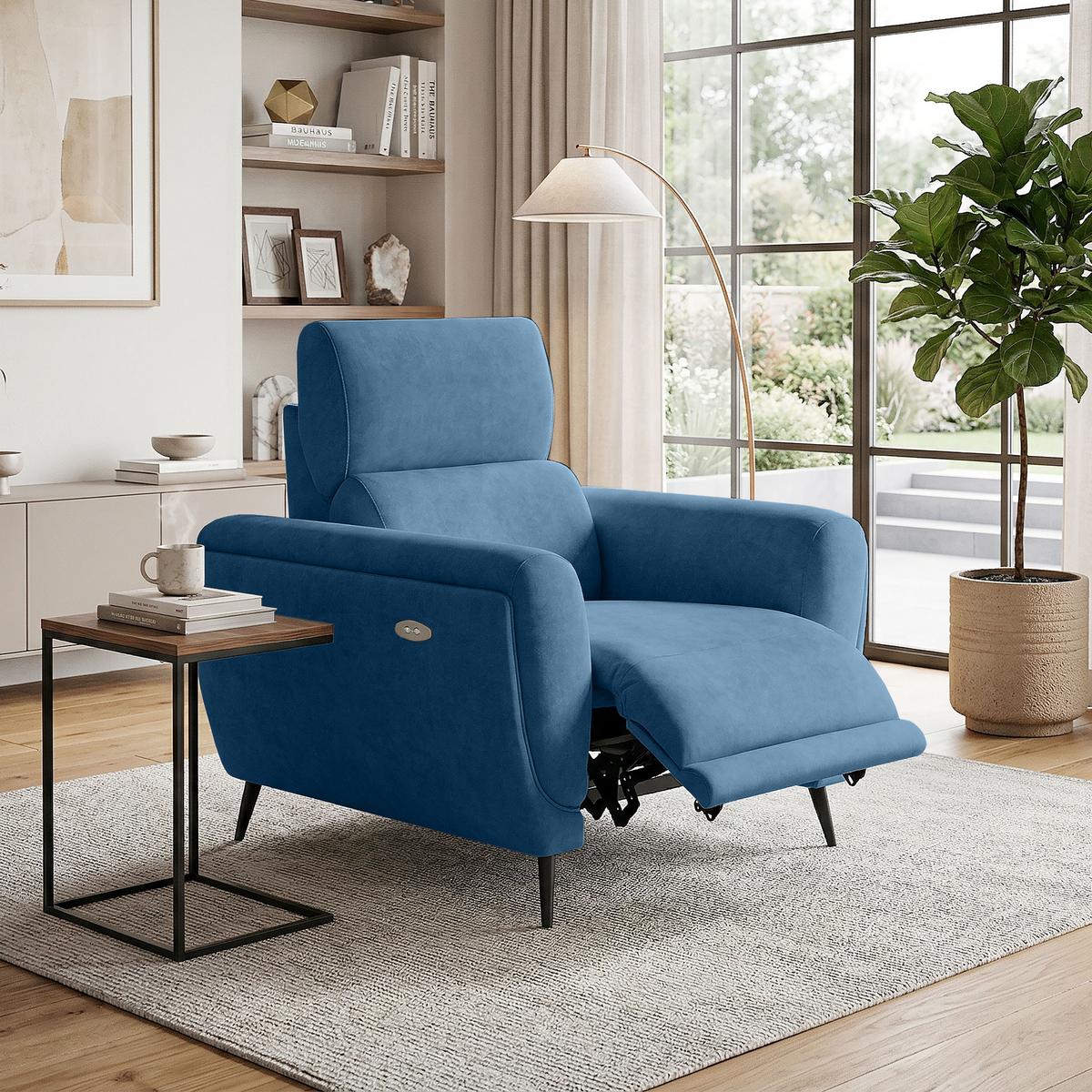 RELAXSESSEL Comfort, mit elektrischer Verstellung und verstellbarer Kopfstütze, Blau - Blau/Schwarz, Textil (103/97/102cm) - Beautysofa