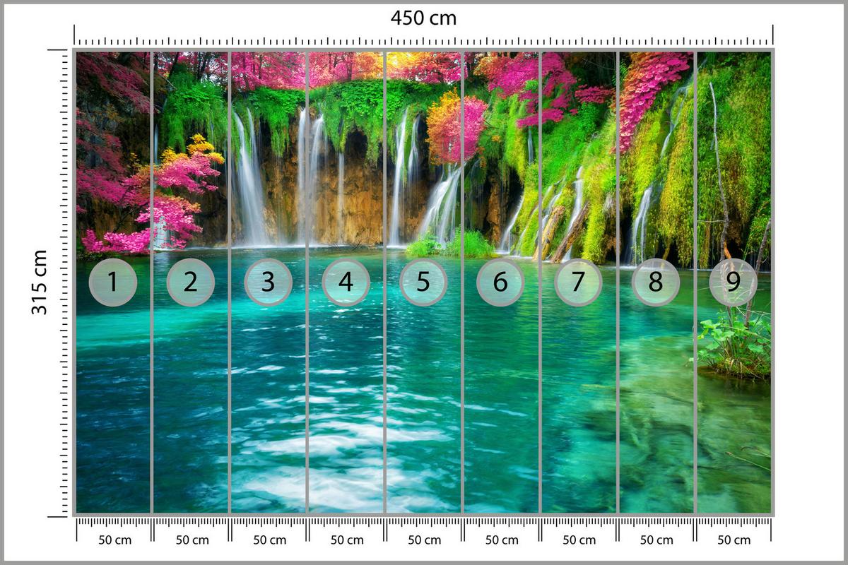 FOTOTAPETE für Küche Exotischer Wasserfall Bäume Pflanzen Tropisch 450x315 - Türkis/Violett, Papier (450/315cm) - Muralo
