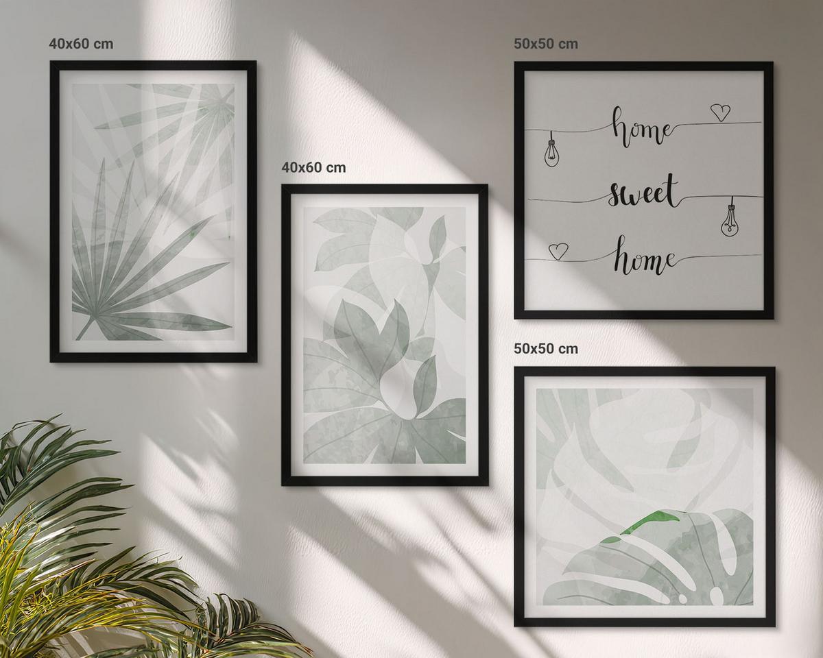 BILDER SET 4er Set - 50x50 cm & 40x60 cm Schwarzer Rahmen - Die Blätter der Pflanzen sind grünlich-grau. - Schwarz, Kunststoff (50/50cm) - TULUP