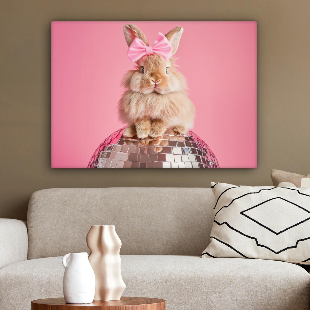 LEINWANDBILD Schleife - Discoball - Kaninchen Wandbilder 80x60 cm - Pink, Textil (80/60cm) - MuchoWow