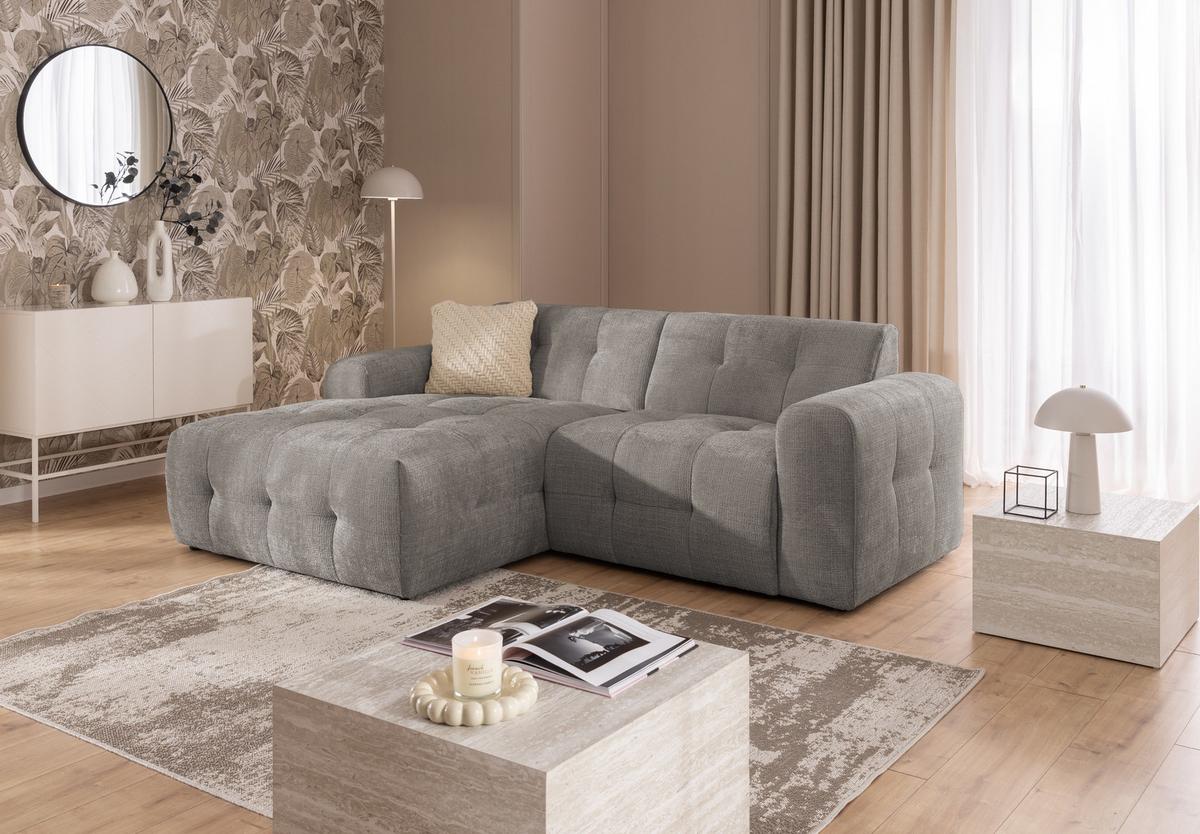 ECKSOFA mit Ottomane links, raffinierten Steppungen, Wellenunterfederung, B234/T161/H79 cm, Chenille-Bezug in Braun Taupe / 21042 - Taupe/Schwarz, Kunststoff/Textil (234/79/161cm) - luma-home