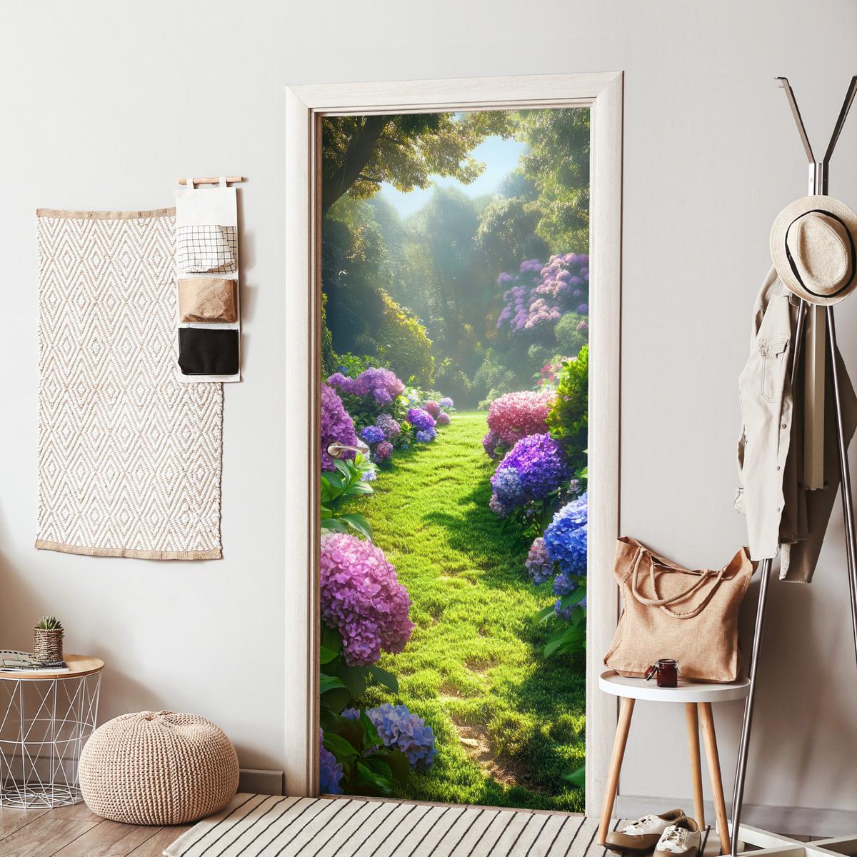 TÜRAUFKLEBER Natur - Hortensie - Blumen - Grün Fototapete selbstklebend 80x205 cm - Türtapete - Hellgrün, Kunststoff (80/0.1cm) - MuchoWow