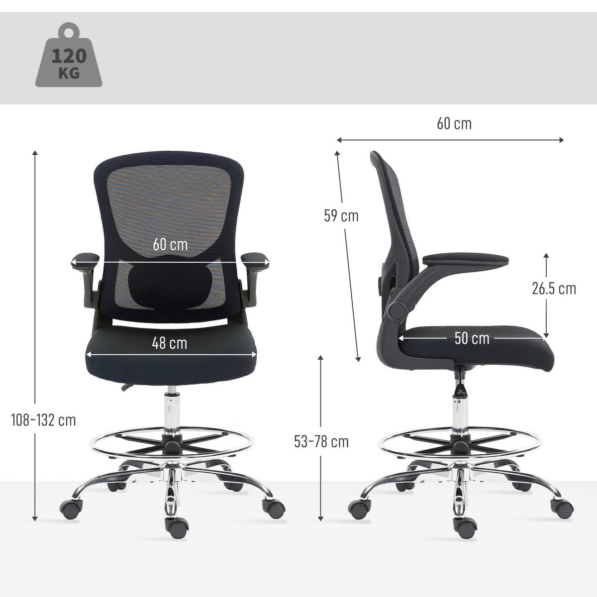 BÜROSTUHL mit Hochklappbar Armlehne Verstellbarer Fußring und 4D-Lendenstütze - Schwarz, Kunststoff/Textil (60/132/60cm) - HOMCOM