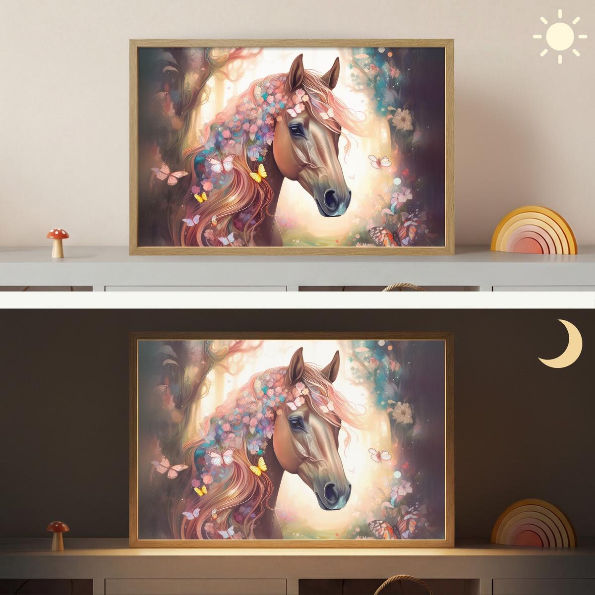 WANDLEUCHTE MIT AKKU Pferd - Natur - Blumen - Schmetterlinge - Wald 60x40 cm - Dunkelbraun, Holzwerkstoff (60/40/8cm) - OnlyWow