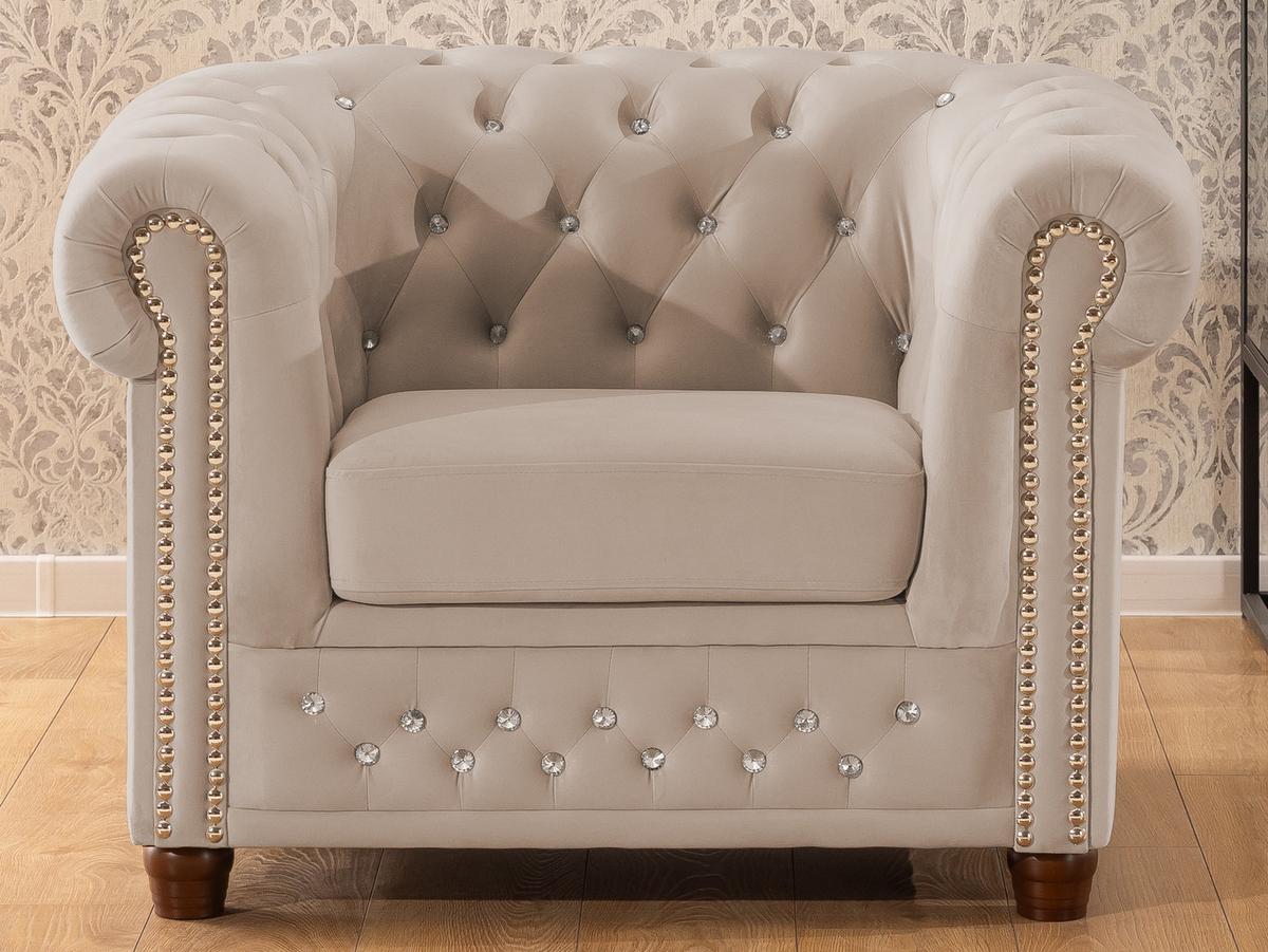 CHESTERFIELD-SESSEL Cleo Blink Beige Samt mit Kristallsteppung und braunen Massivholzfüßen - Beige/Braun, Holz/Textil (104/72/86cm) - S-Style Möbel