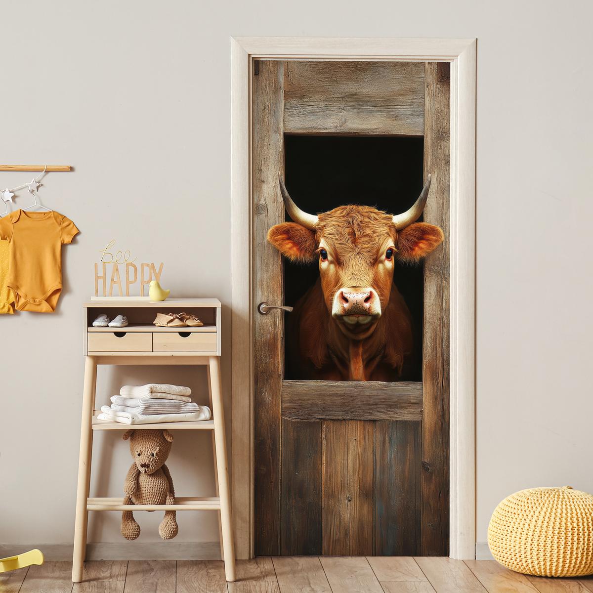 TÜRAUFKLEBER Kuh - Fenster - Holz - Tiere 90x215 cm - Türtapete - Wengefarben, Kunststoff (90/0.1cm) - MuchoWow