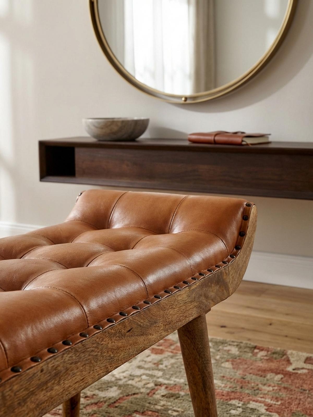 SITZBANK Massivholz Chesterfield Muster, Braun 125x38x50 cm - Braun, Mangoholz/Leder (125/50/38cm) - KADIMA DESIGN