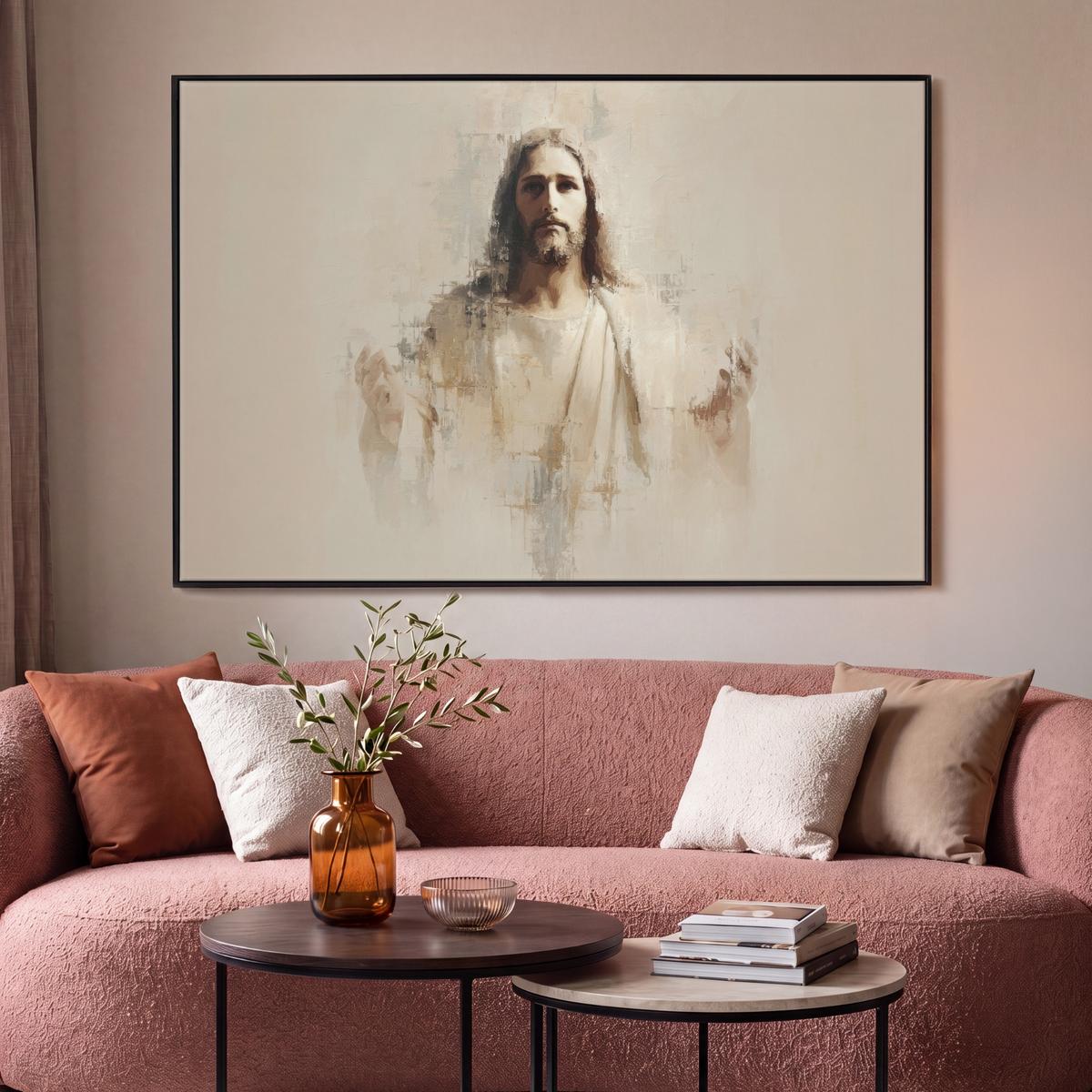 LEINWAND Bilder mit Rahmen - Porträt - Abstrakt - Jesus - Beige - 140x90 - Beige, Textil (140/90cm) - MuchoWow