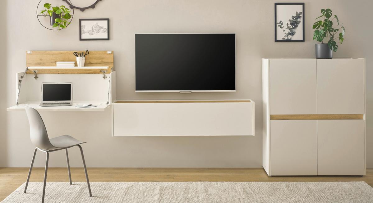 WOHNWAND weiß, Eiche Wotan 370 cm, Wohnkombination mit Sekretär - Eiche Wotan/Schwarz, Holz/Holzwerkstoff (370/122/40cm) - Furn.Design