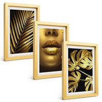 BILDER SET 3er Set - 20x30 cm Goldrahmen - Mund einer Frau mit Monstera-Palme - Goldfarben, Kunststoff (20/30cm) - TULUP
