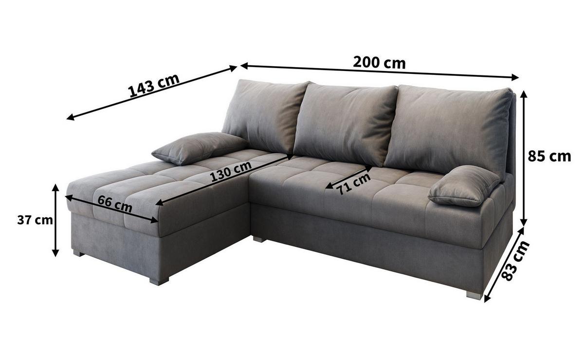 ECKSOFA RITA M Hellgrau Velours-Stoff mit Schlaffunktion - Hellgrau/Grau, Holz/Kunststoff (200/141cm) - MASSENO