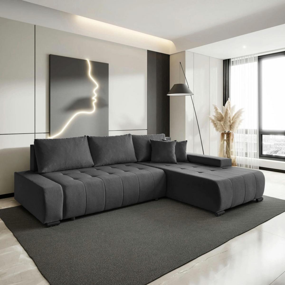 ECKSCHLAFSOFA Draco L Graphit - Graphitfarben/Schwarz, Textil/Metall (268/183cm) - Beautysofa