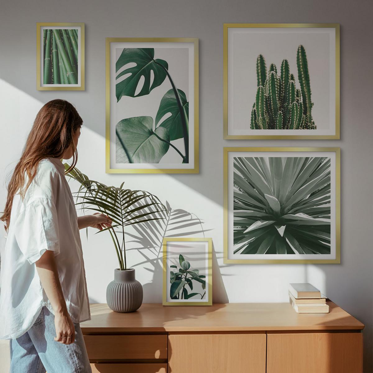 BILDER SET 5er Set - 50x50 cm & 20x30 cm & 40x60 cm Goldrahmen - Bambusblätter - Goldfarben, Kunststoff (40/60cm) - TULUP
