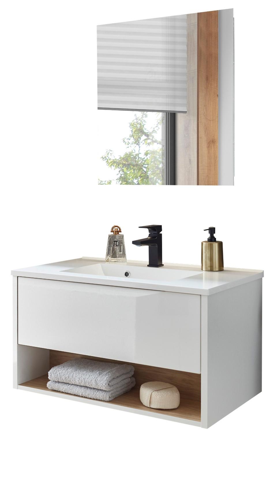 BADMÖBEL-SET weiß Hochglanz, Eiche 80 cm, Komplettset mit Waschbecken und LED Beleuchtung - Weiß Hochglanz/Eichefarben, Glas/Holzwerkstoff (80/190/47cm) - Furn.Design