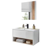 BADMÖBEL-SET weiß Hochglanz, Eiche 80 cm, Komplettset mit Waschbecken und LED Beleuchtung - Weiß Hochglanz/Eichefarben, Glas/Holzwerkstoff (80/190/47cm) - Furn.Design