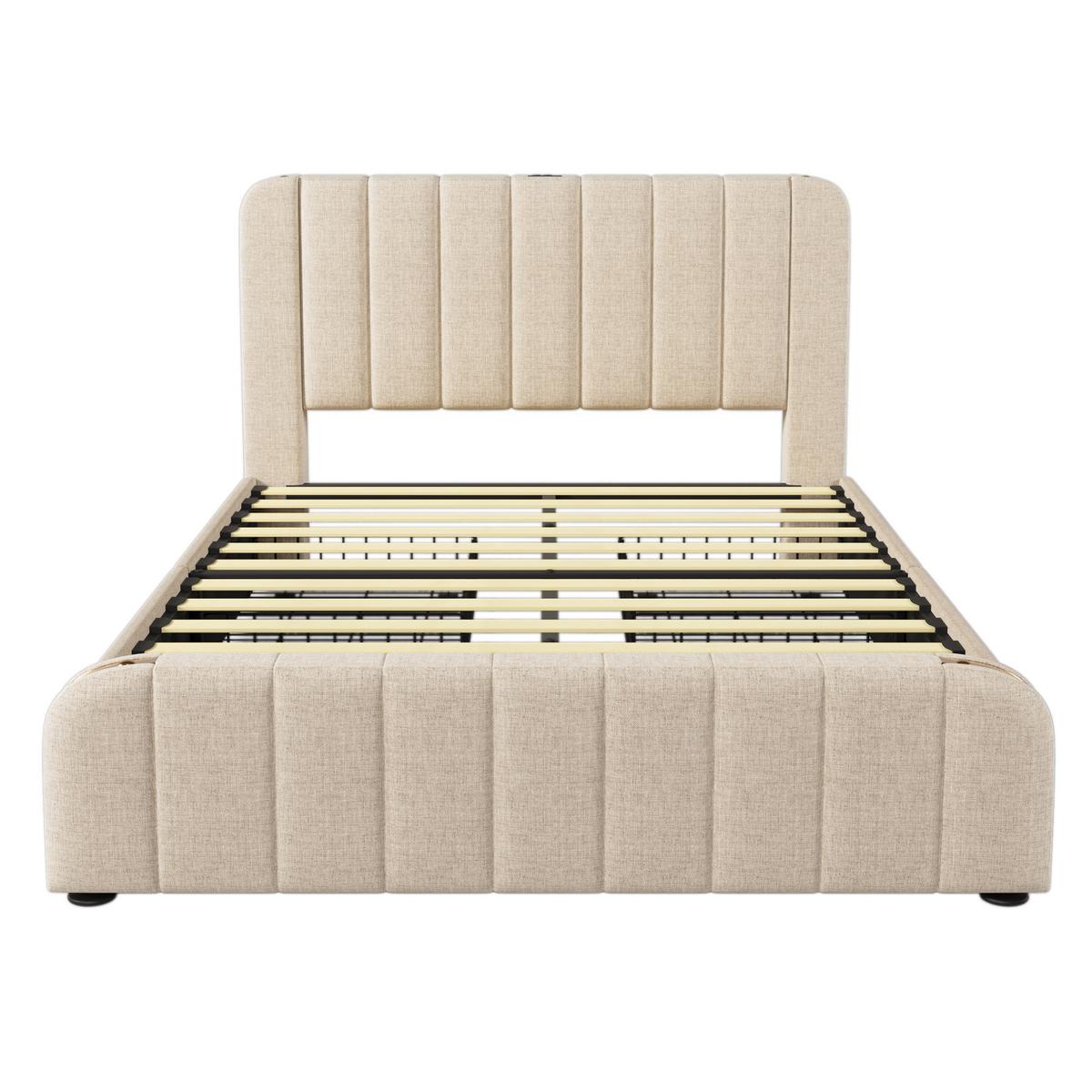 POLSTERBETT 140x190 cm aus beigem leinen, mit 4 schubladen, usb-c und goldenen akzenten - Beige, Textil (140/190cm) - Urban Meuble