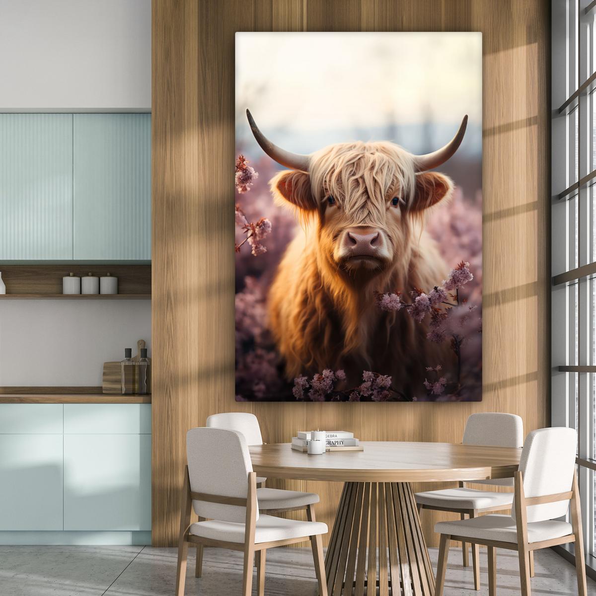 LEINWANDBILD Schottischer Hochländer - Frühling - Hochland Deko Groß 90x140 cm - Hellrosa, Textil (90/140cm) - MuchoWow