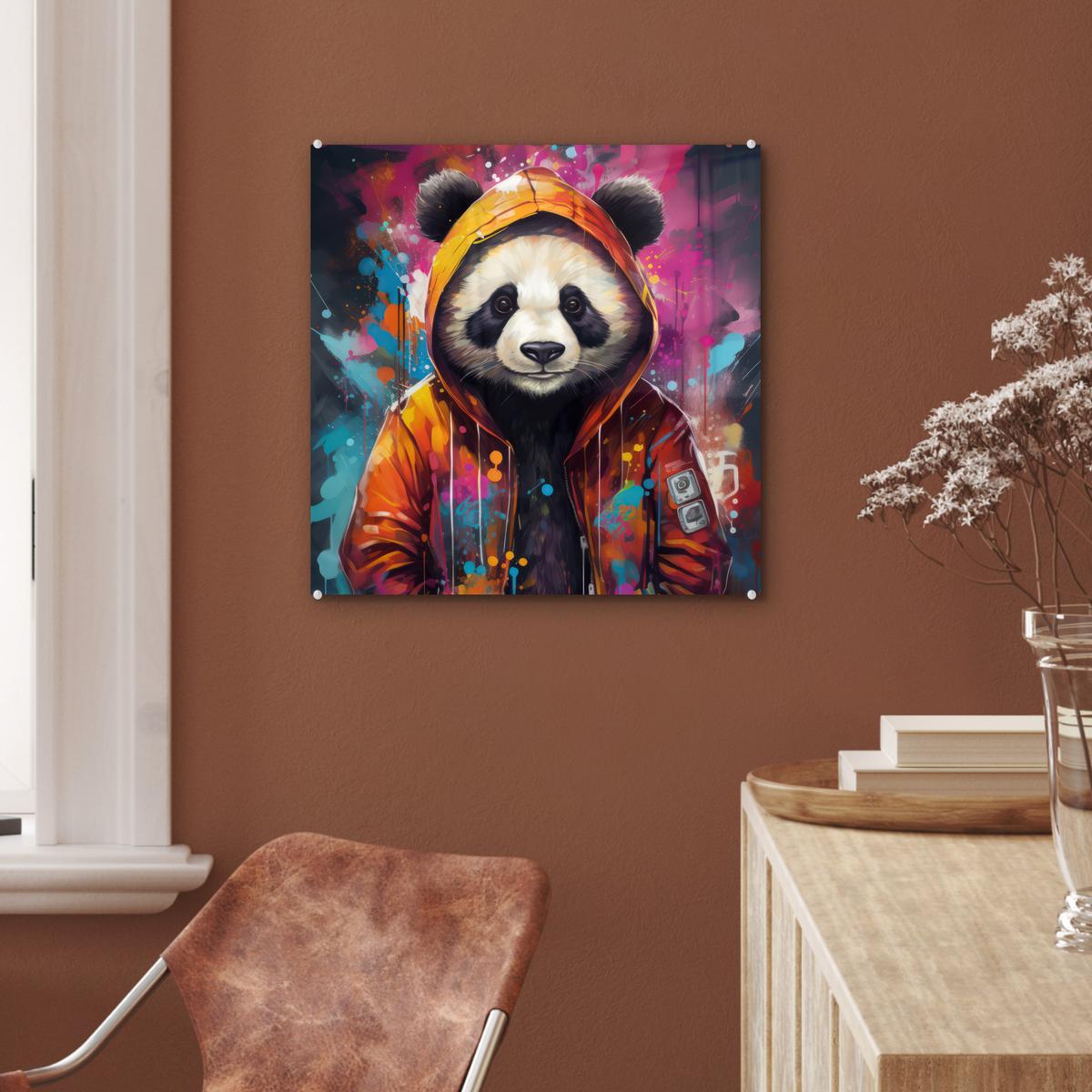 ACRYLGLASBILD Panda - Jacke - Graffiti - Orange 50x50 cm - Orange, Glas (50/50cm) - MuchoWow