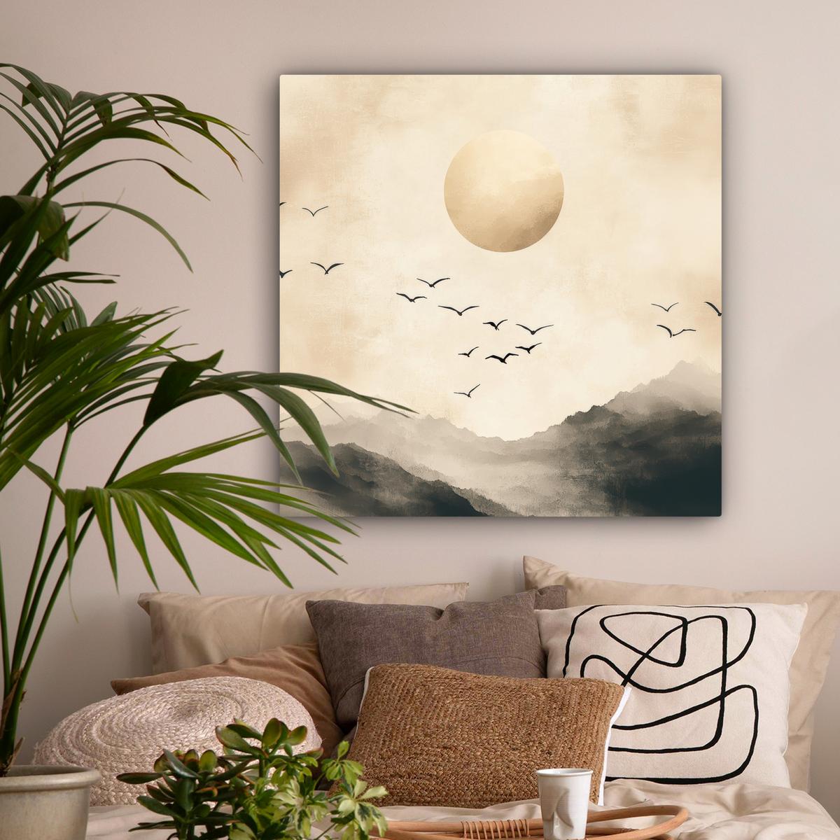 LEINWANDBILD Landschaft - Japandi - Vogel Deko Groß 90x90 cm - Beige, Textil (90/90cm) - MuchoWow