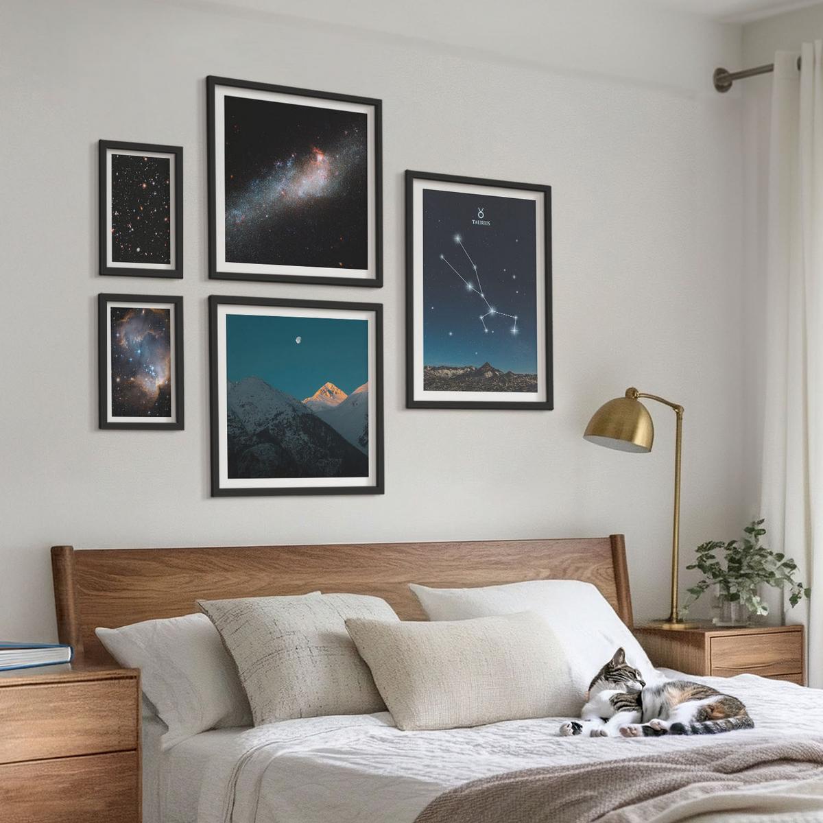 BILDER SET 5er Set - 50x50 cm & 20x30 cm & 40x60 cm Schwarzer Rahmen - Kosmische Sternenlandschaften - Schwarz, Kunststoff (40/60cm) - TULUP