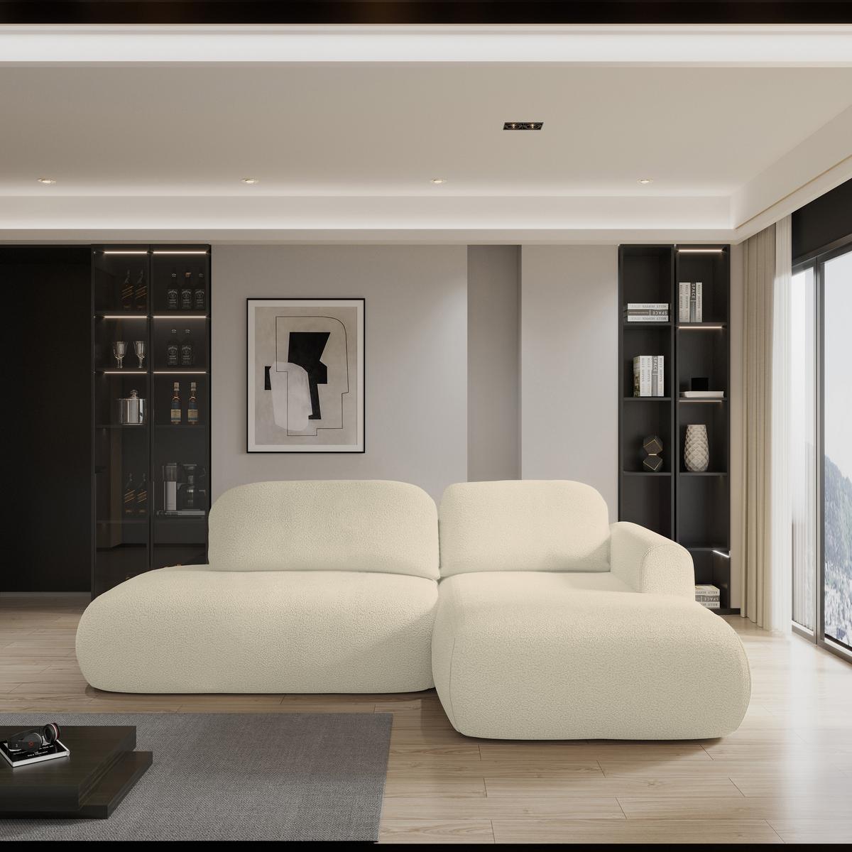 ECKSOFA NUVIRA R-S Creme Boucle-Stoff mit Schlaffunktion - Creme, Holz (279/158cm) - MASSENO