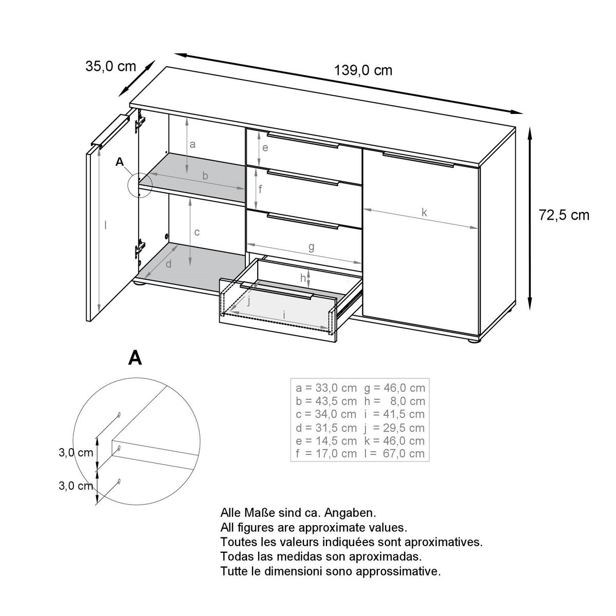 SIDEBOARD Porto Eiche sägerau - Eiche San Remo, Holzwerkstoff (139/72.5/35cm) - Vladon