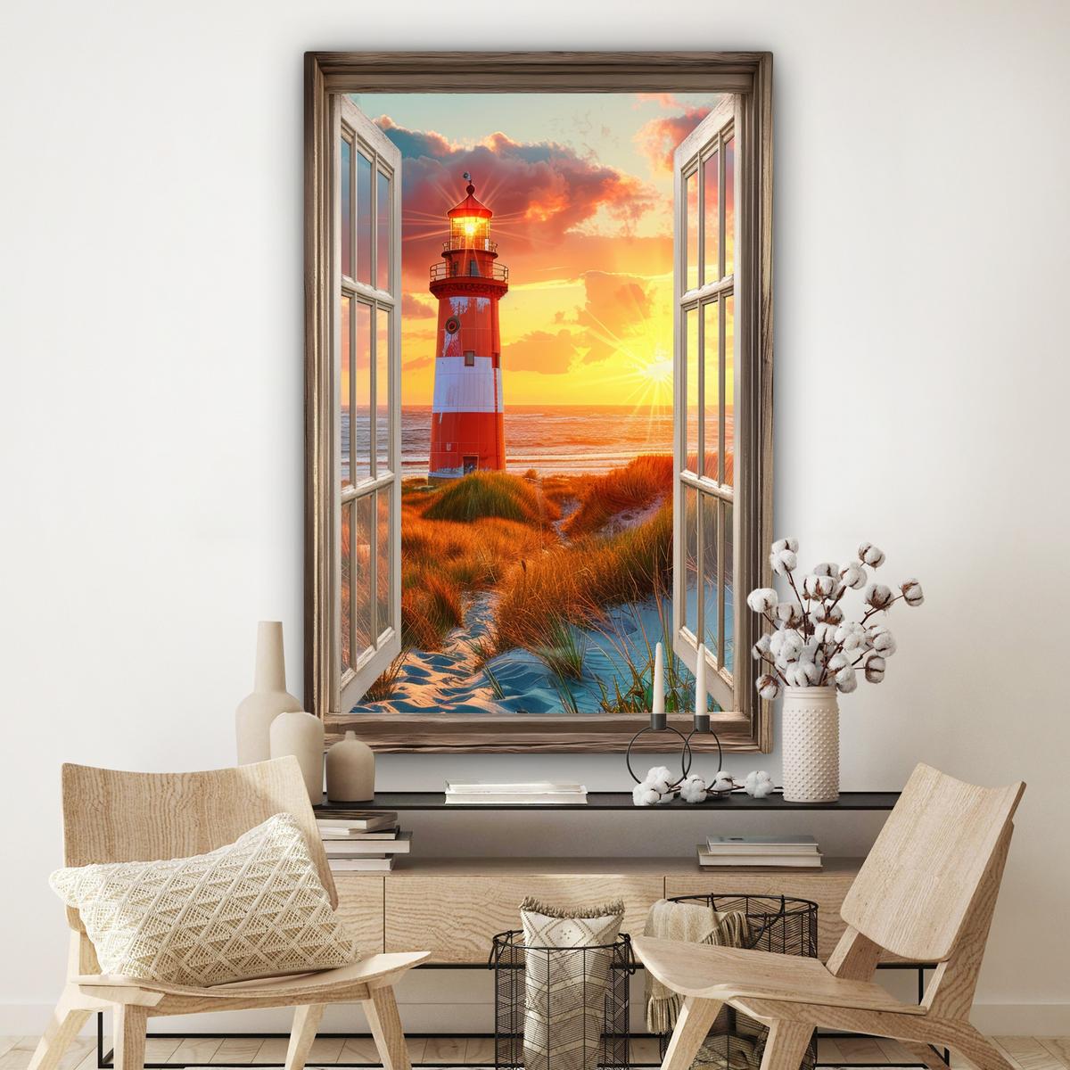 LEINWANDBILD Aussicht - Fenster - Leuchtturm - Sonnenuntergang - Strand Deko Groß 90x140 cm - Dunkelorange, Textil (90/140cm) - MuchoWow