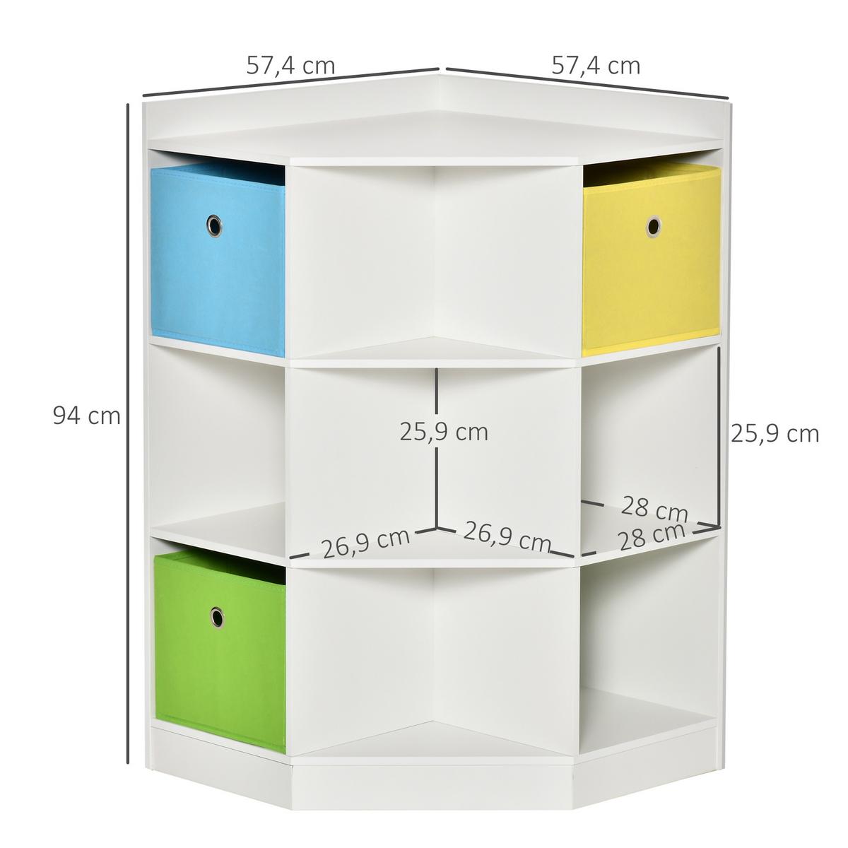 KINDERREGAL Eckregal mit 3 Aufbewahrungsboxen Kinderzimmer Spielzeugablage Weiß - Weiß, Holzwerkstoff (57.4/94/57.4cm) - HOMCOM