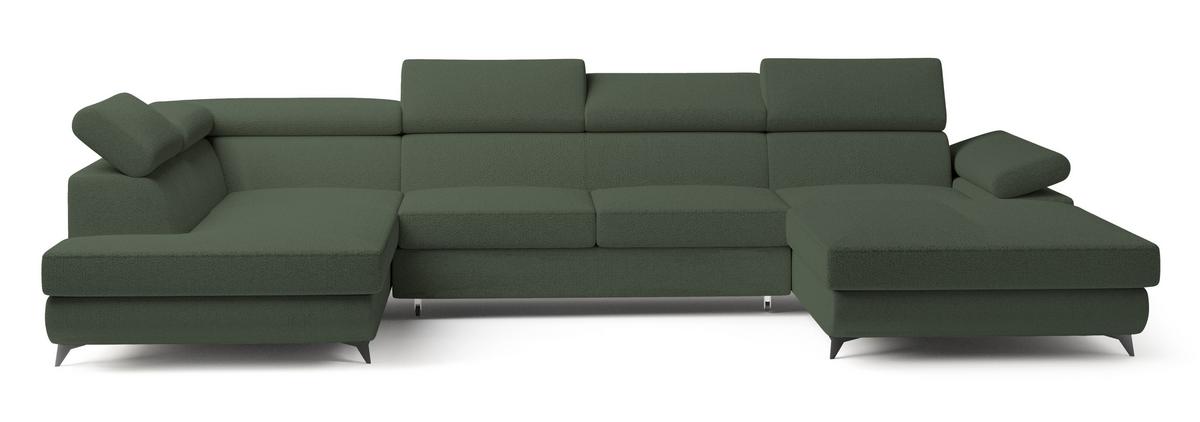 WOHNLANDSCHAFT RUBANO L-S Grün Boucle-Stoff mit Schlaffunktion - Grün, Holz (339/89/190cm) - MASSENO