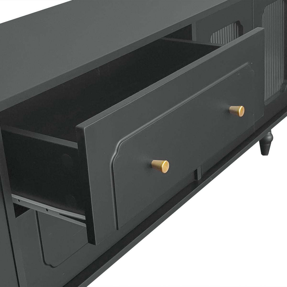 TV-LOWBOARD Schwarz & Gold 175 cm mit geriffeltem Glas & Retro-Design - Schwarz, Holzwerkstoff (175/55.5/38cm) - Urban Meuble